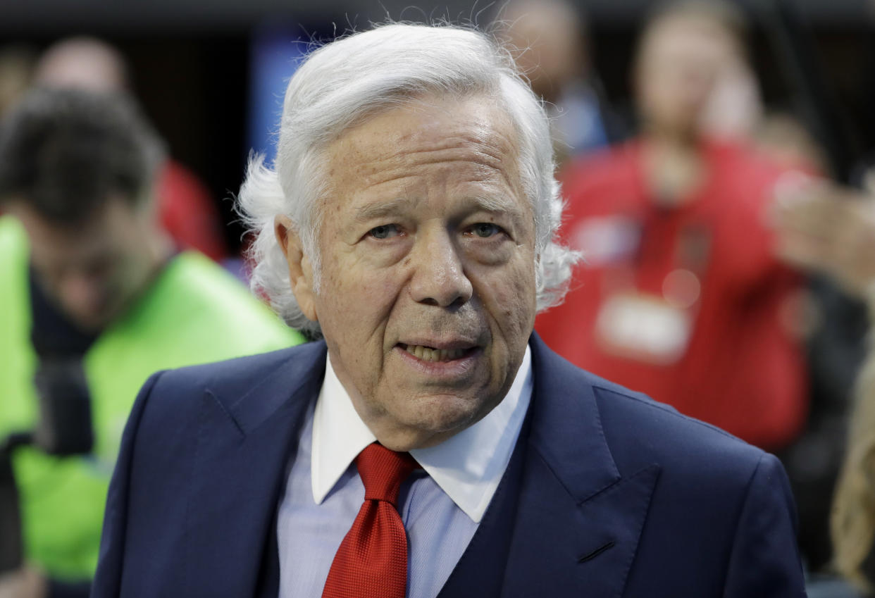 FILE - In this Feb. 4, 2018, file photo, New England Patriots owner Robert Kraft arrives at U.S. Bank Stadium before the NFL Super Bowl 52 football game against the Philadelphia Eagles, in Minneapolis. Every marriage has its ups and downs. So New England Patriots owner Robert Kraft urges everyone not to read too much into any reported discord in his organization. Kraft praised Bill Belichick on Monday, March 26, 2018, when asked about some of the unusual decisions the coach made in the Super Bowl loss to Philadelphia. (AP Photo/Chris O'Meara, File)