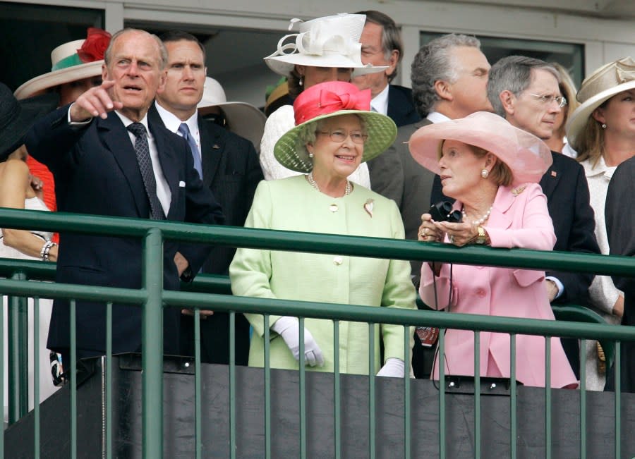 FILE – Queen Elizabeth II and Prince Philip attend the 133rd Kentucky Derby at Churchill Downs in Louisville, Ky., Saturday, May 5, 2007. The first Saturday in May is Derby Day with all its accompanying pageantry. (AP Photo/Rob Carr, File)