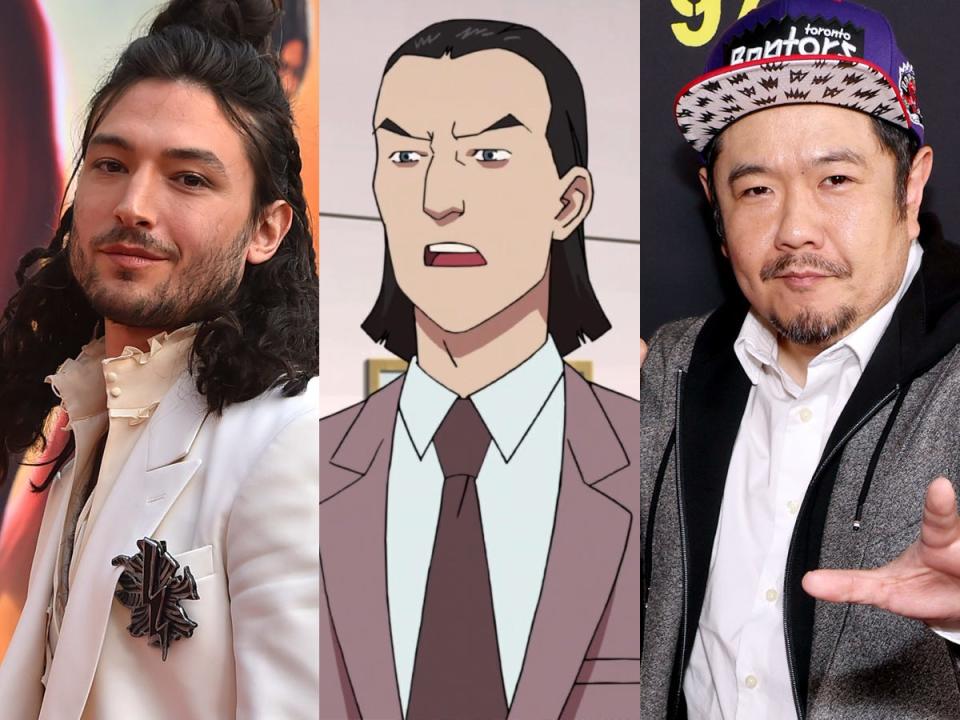 From left: Ezra Miller in June 2023, the animated character District Attorney Sinclair on season one of "Invincible," and Eric Bauza in March 2024.