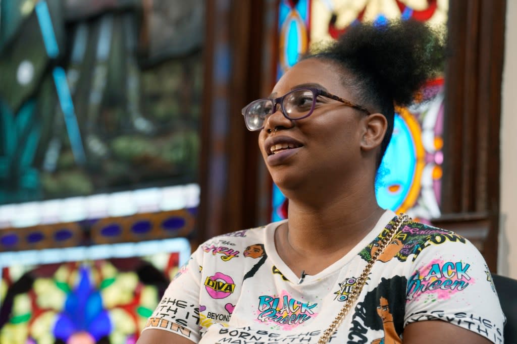 Brittany Gilliam responds to questions in her attorney’s office, David Lane, on Friday, Aug. 18, 2023, in downtown Denver. <br> (AP Photo/David Zalubowski)