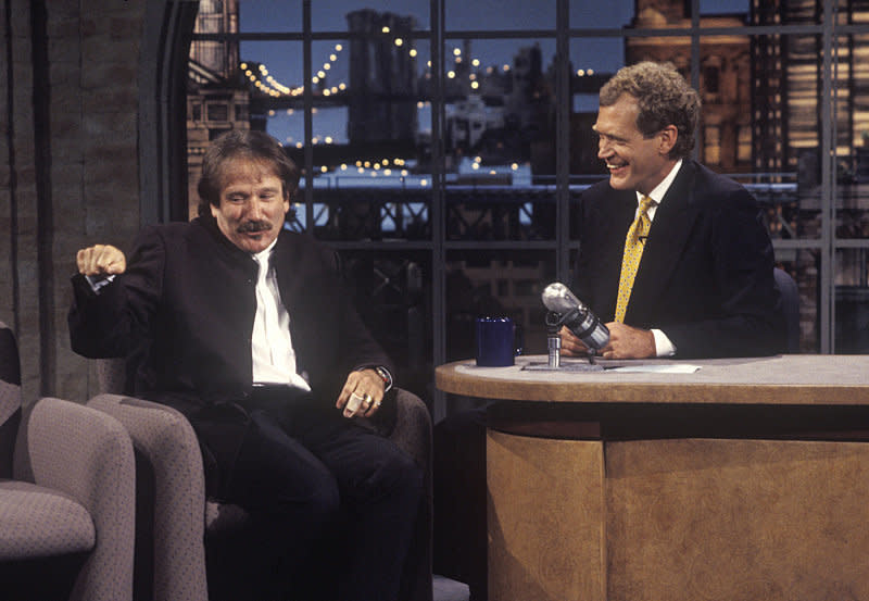 Robin Williams on the second taping of "The Late Show with David Letterman," August 31, 1993 on the CBS Television Network. Photo: Alan Singer/CBS ©1993 CBS Broadcasting Inc. 