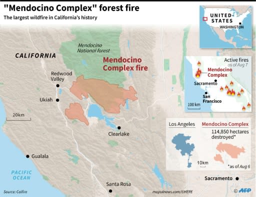 Map locating the areas burnt by the 'Mendocino Complex' which has become the largest in California's history, destroying an area the size of Los Angeles