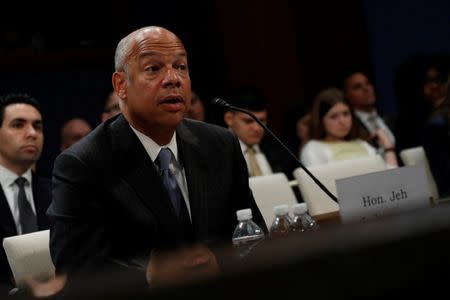 Former U.S. Secretary of Homeland Security Jeh Johnson testifies about Russian meddling in the 2016 election before the House Intelligence Committee on Capitol Hill in Washington, U.S., June 21, 2017. REUTERS/Aaron P. Bernstein