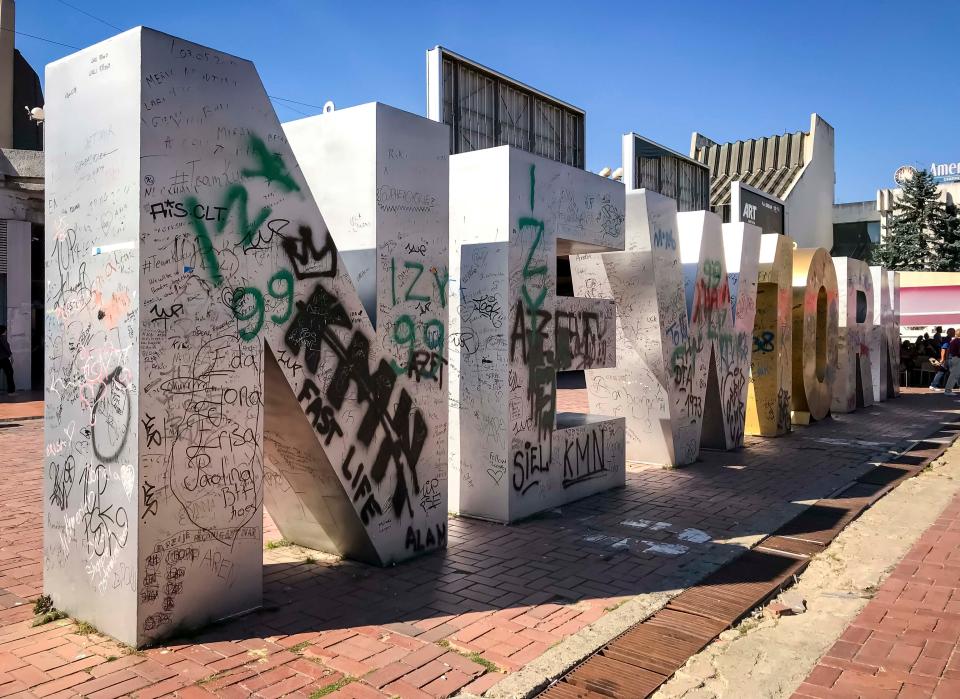 Newborn Monument in Pristina, Kosovo, Tuesday, Sept. 18, 2018. The monument was placed in Feb. 2008 after the Republic of Kosovo formally declared its independence from Serbia. The "B" & "O" have been replaced this year with "10" to mark the tenth anniversary of Kosovo independence. 