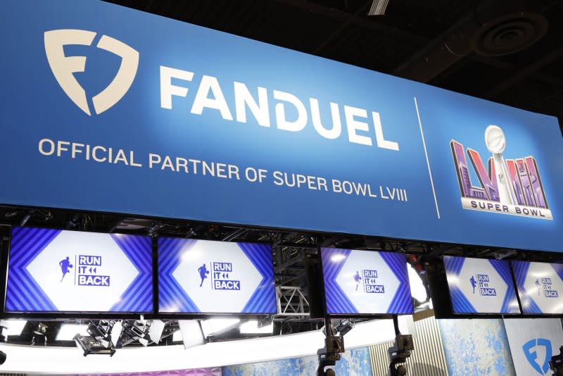 A media booth for FanDuel is shown at the media center Monday at the Mandalay Bay Convention Center in Las Vegas. Photo by John Angelillo/UPI