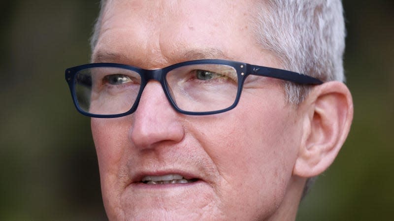 A closeup of Tim Cook's face frowning.