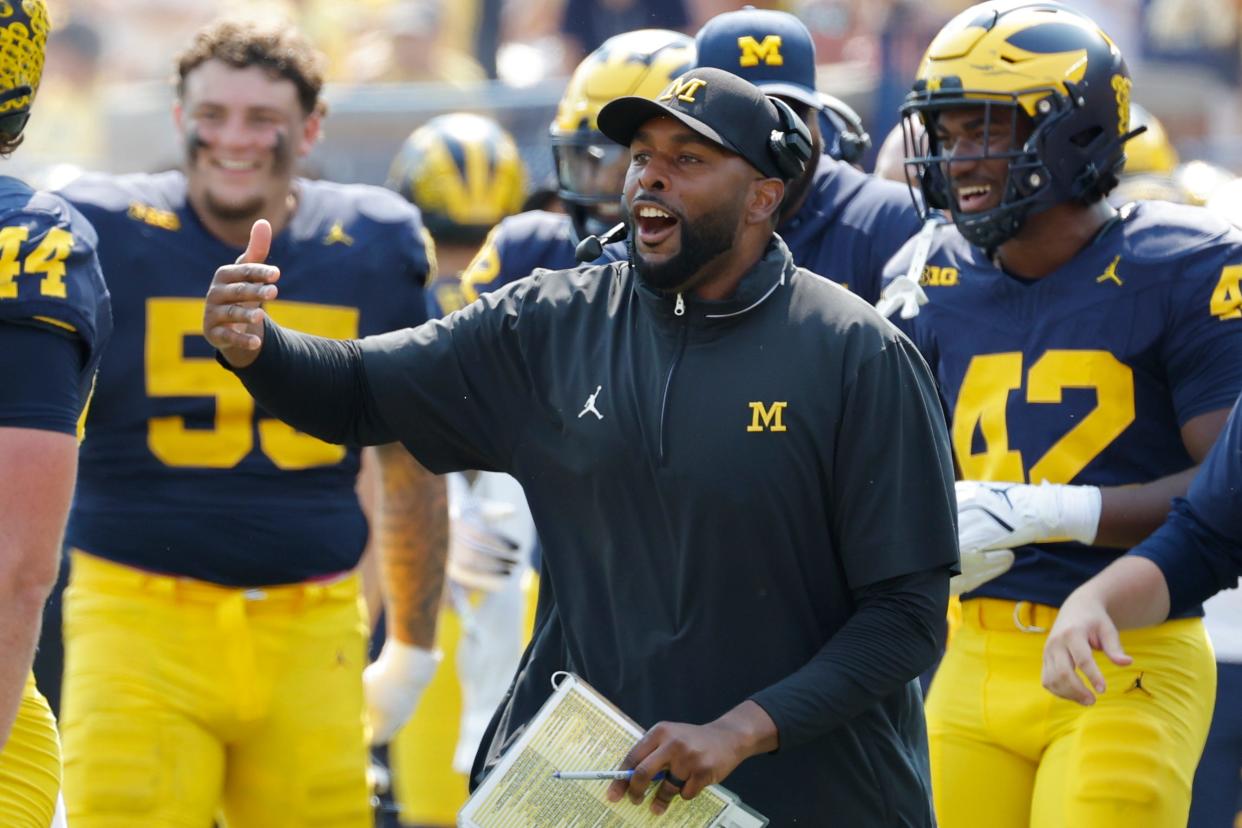 Michigan Wolverines head coach Sherrone Moore reacts on the sideline during the second half against the Arkansas State Red Wolves at Michigan Stadium in Ann Arbor on Saturday, Sept. 14, 2024.