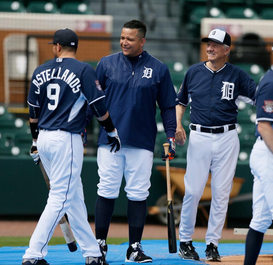 Nick Castellanos, Miguel Cabrera and Al Kaline chat during batting practice before the team's game against Florida Southern on Monday, March 2, 2015, in Lakeland Florida.