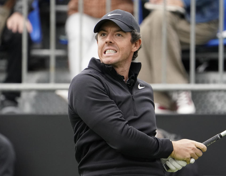 Rory McIlroy of Northern Ireland watches his tee shot on the first hole during the Challenge: Japan Skins event ahead of the Zozo Championship PGA Tour at Accordia Golf Narashino C.C. in Inzai, east of Tokyo, Monday, Oct. 21, 2019. (AP Photo/Lee Jin-man)