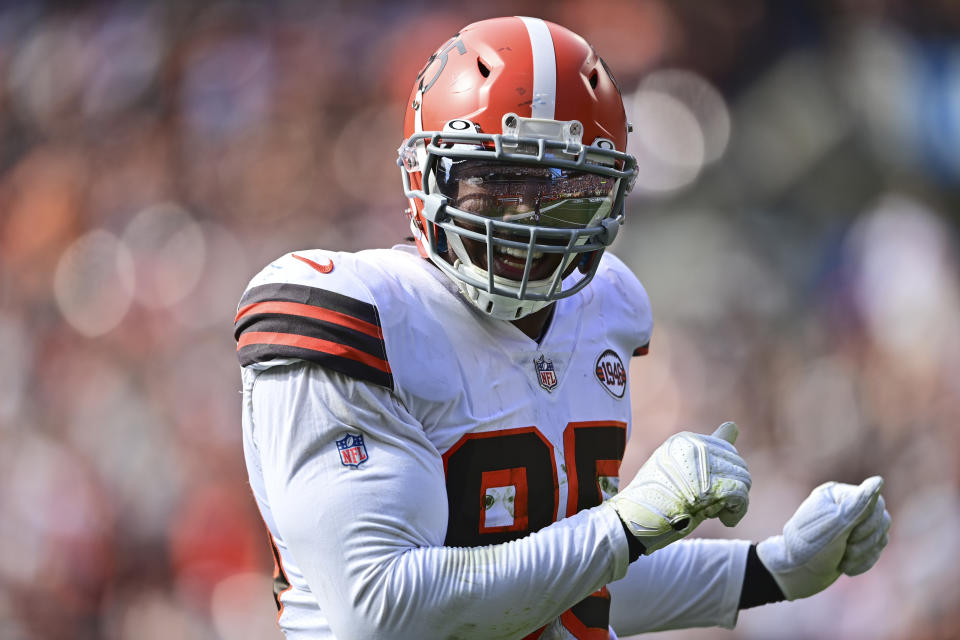 Cleveland Browns defensive end Myles Garrett smiles after Garrett sacked Chicago Bears quarterback Justin Fields during the second half of an NFL football game, Sunday, Sept. 26, 2021, in Cleveland. (AP Photo/David Dermer)