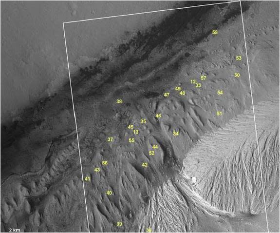 NASA's Curiosity rover is currently exploring the base of Mount Sharp. The Martian peak's base has features similar to Recurring Slope Lineae (RSL), which are caused by liquid water, but none are confirmed to be RSL. Sites 33, 36, 46, and 56 ar