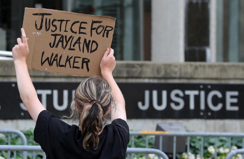 A protester calls for justice for Jayland Walker during a demonstration held outside the Harold K. Stubbs Justice Center on Monday.