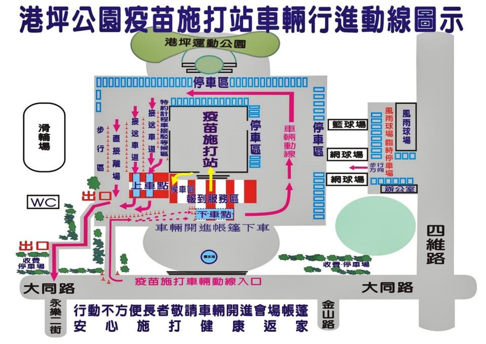 嘉義市長者第四劑疫苗將於25、26兩日在港坪體育館開打，市府提供行車動線圖。   圖：嘉義市政府/提供