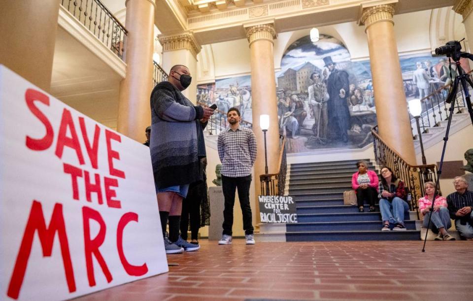 Penn State graduate student Pheolyn Allen speaks during the read-in for racial justice inside Old Main on Tuesday, April 16, 2024. Abby Drey/adrey@centredaily.com