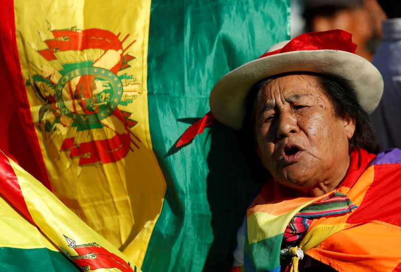 A supporter of Bolivia's ousted President Evo Morales gathers outside the U.S. embassy in Buenos Aires to protest against the U.S. government, in Buenos Aires