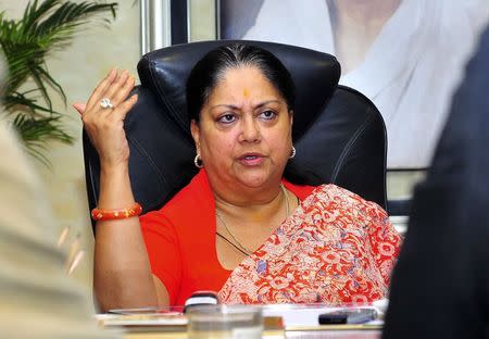 Chief Minister of India's desert state of Rajasthan, Vasundhara Raje speaks during an interview with Reuters at her office in Jaipur September 24, 2014. REUTERS/Stringer