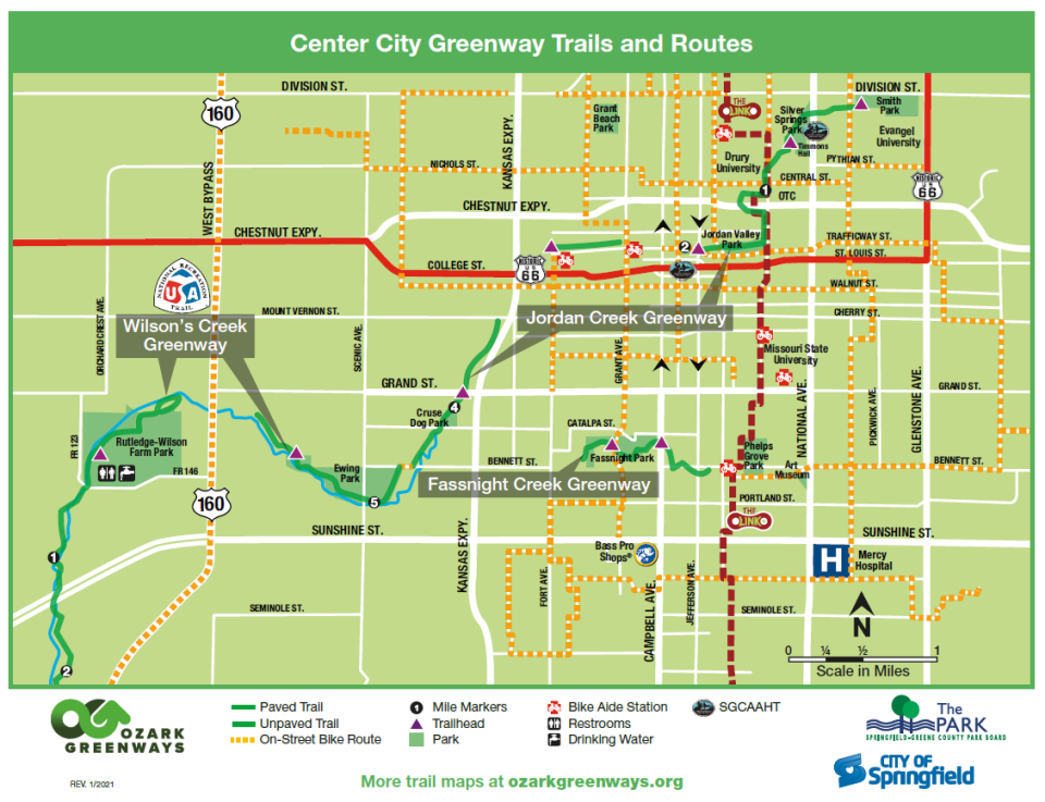 A map of Fassnight Creek Greenway in Springfield. The 1.2-mile trail runs through the heart of Springfield, starting in Fassnight Park and ending in Phelps Grove Park.