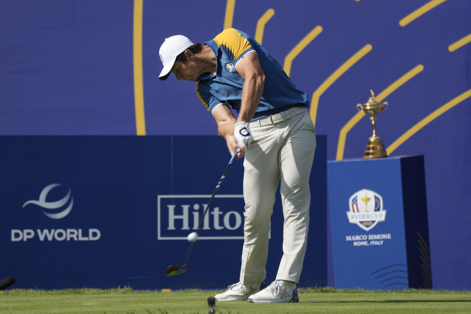 Europe's Viktor Hovland plays his tee shot on the 1st hole during his singles match at the Ryder Cup golf tournament at the Marco Simone Golf Club in Guidonia Montecelio, Italy, Sunday, Oct. 1, 2023. (AP Photo/Alessandra Tarantino)