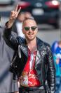 Aaron Paul wears a leather jacket as he arrives at <em>Jimmy Kimmel Live!</em> <span>to chat about his </span><em><span>Breaking Bad</span></em><span> sequel film </span><em><span>El Camino</span></em><span> on Wednesday in L.A.</span>