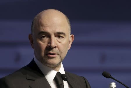 European Commissioner for Economic and Financial Affairs Pierre Moscovici speaks at a news conference during an informal meeting of Ministers for Economic and Financial Affairs (ECOFIN) in Riga, Latvia, April 24, 2015. REUTERS/Ints Kalnins