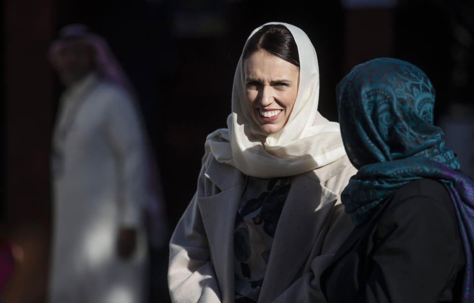 New Zealand Prime Minister Jacinda Ardern, center, waits for the arrival of Britain's Prince William at the Al Noor mosque in Christchurch, New Zealand, Friday, April 26, 2019. Prince William visited the one of the mosques where 50 people were killed and 50 others wounded in a March 15 attack by a white supremacist. (Joseph Johnson/Pool Photo via AP)
