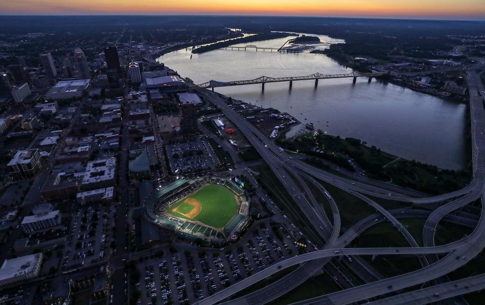 Slugger Field is illuminated in downtown Louisville, July 12, 2019.