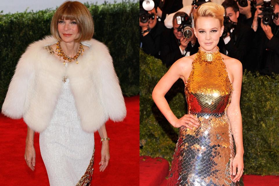 Red carpet images show Anna Wintour and Carey Mulligan at the 2012 Met Gala.