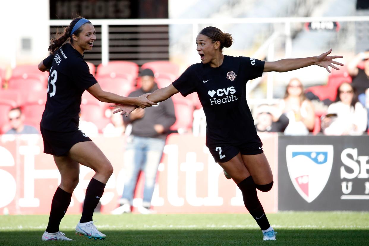 Mar 26, 2023; Washington, District of Columbia, USA; Washington Spirit forward Trinity Rodman (2) reacts after scoring a goal against the OL Reign during the second half at Audi Field.