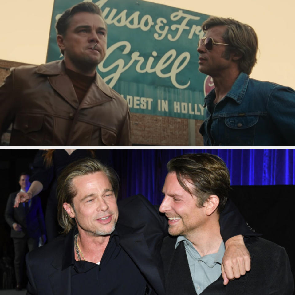 Above, Rick and Cliff stand outside a restaurant while Rick smokes. Below, Pitt has his arm around Cooper.