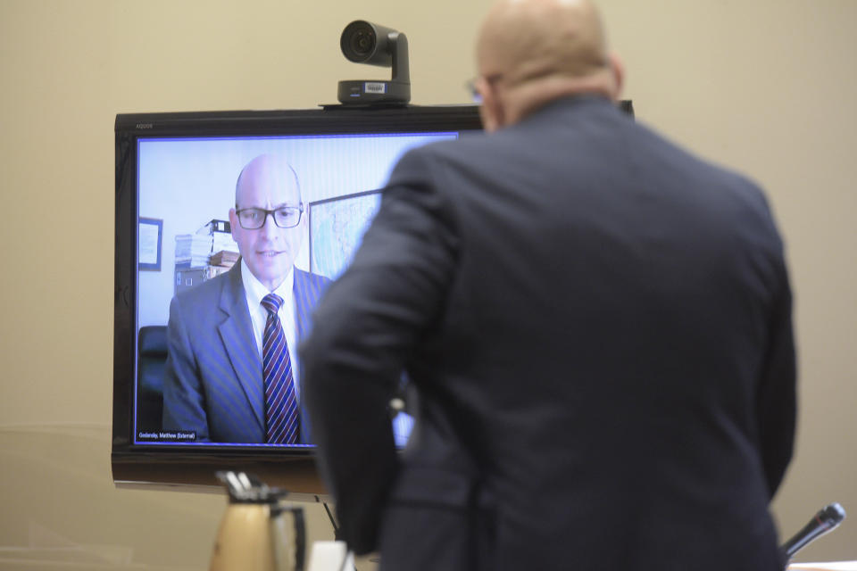 Attorney Matthew Gedansky testifies over a video link during a disciplinary hearing in Waterbury Superior Court, in Waterbury, Conn., Thursday, Aug. 25, 2022. (H John Voorhees III/Hearst Connecticut Media via AP, Pool)