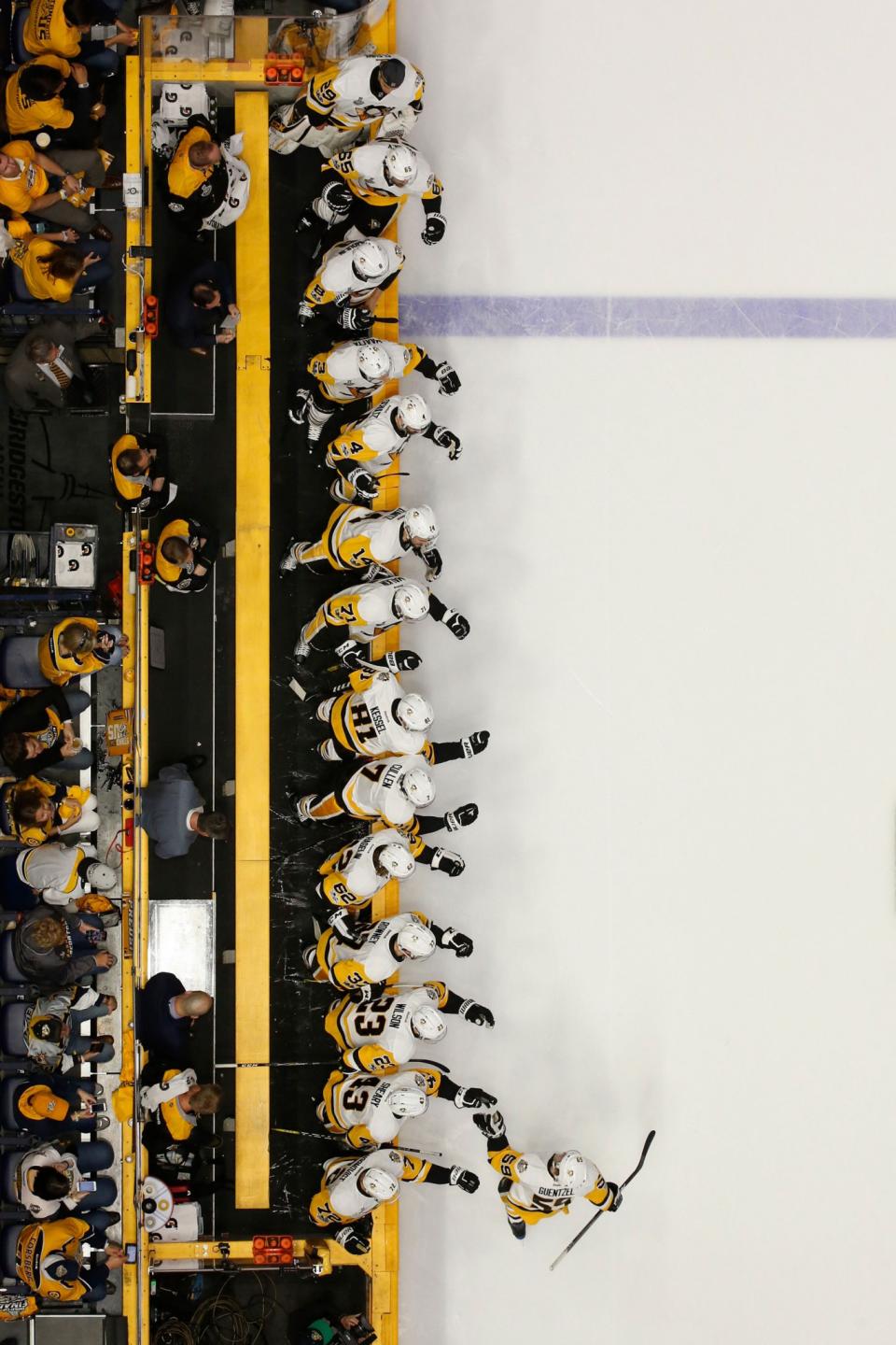 <p>Jake Guentzel opens the scoring with his playoff-leading 13th goal. (Justin K. Aller/Getty Images) </p>