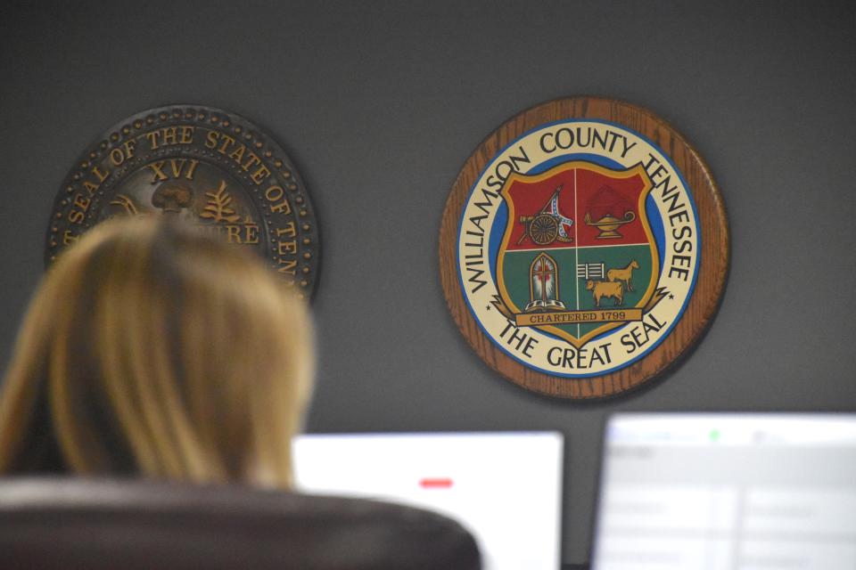 The Williamson County Seal is displayed for elected officials and audiences to see in the auditorium at the Williamson County administrative complex on Thursday, April 7, 2022. Several county meetings, including that of the county commission and school board are held in the room each year.