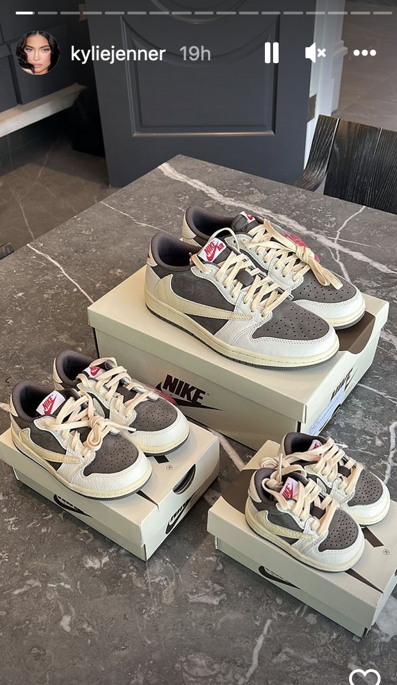 Kylie Jenner gave a peek at Travis Scott’s Air Jordan 1 Low ‘Reverse Mocha’ collab on Instagram. - Credit: Courtesy of Instagram/Kylie Jenner