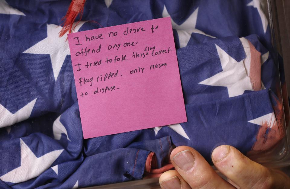 Christopher Benjamin said that people who leave flags to be disposed of properly sometimes leave notes with them, such as this one.
