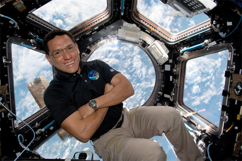 Rubio, floating in the space station's multi-window cupola compartment, plans to return to Earth next Wednesday with two Russian cosmonauts, closing out a 371-day stay in space, the longest single flight by an American astronaut. / Credit: NASA