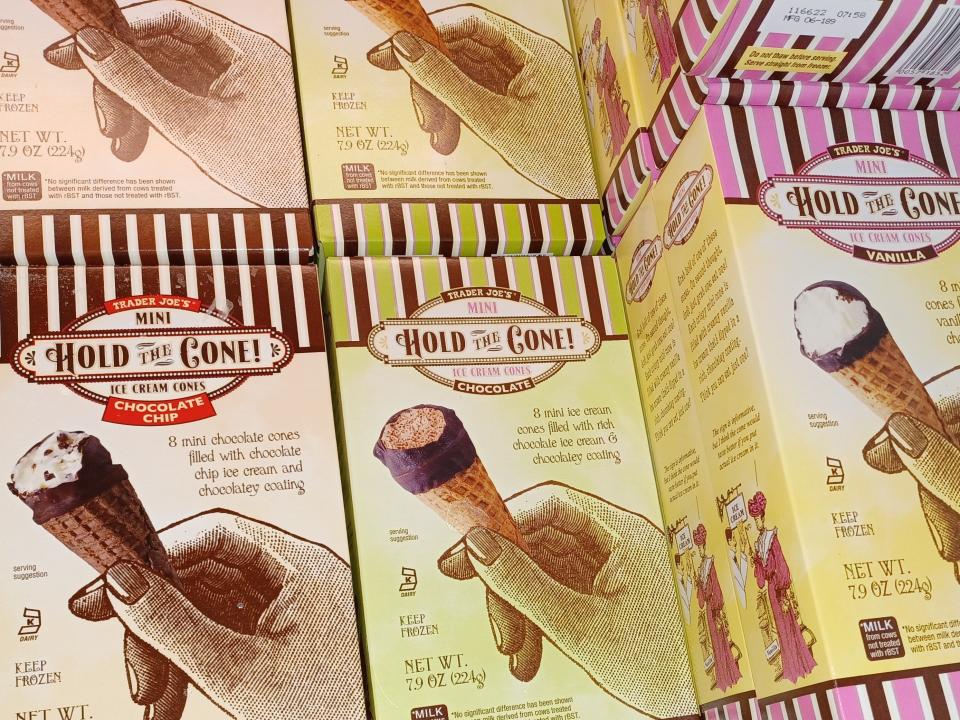 colorful boxes of hold the cone ice-cream treats in trader joe's freezer
