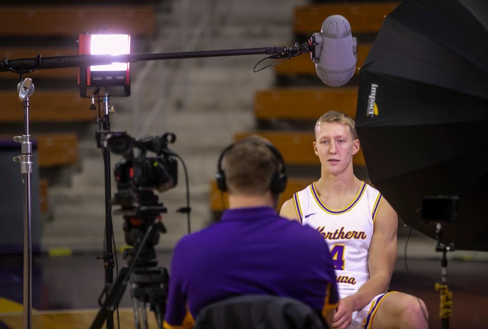 Northern Iowa junior AJ Green sits for an interview during the men's basketball team's media day at the McLeod Center in Cedar Falls on Wednesday, October 27, 2021.