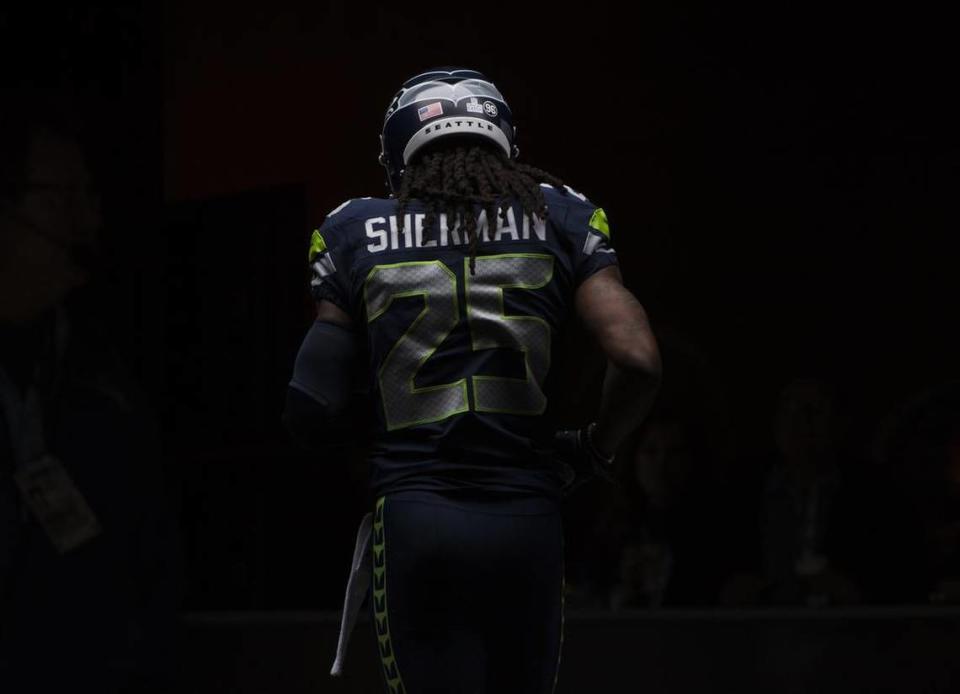 Seahawks corner back Richard Sherman runs through the tunnel during warm ups before the game The Seattle Seahawks played the Houston Texans in a NFL football game at CenturyLink Field in Seattle, Wash., on Sunday, Oct. 29, 2017.