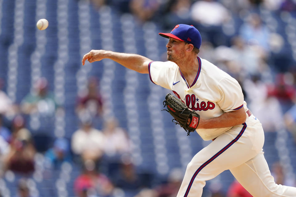 Philadelphia Phillies' Andrew Bellatti pitches during the eighth inning of a baseball game against the Atlanta Braves, Wednesday, July 27, 2022, in Philadelphia. (AP Photo/Matt Slocum)