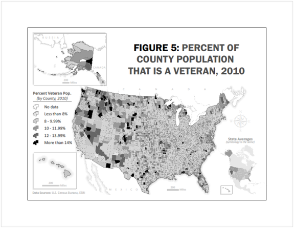 By 2010, large swaths of the U.S. held very few veterans.