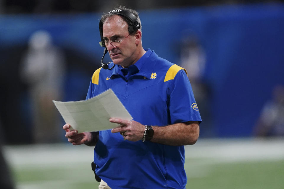 FILE - Pittsburgh head coach Pat Narduzzi watches play against Michigan State during the first half of the Peach Bowl NCAA college football game in Atlanta, Thursday, Dec. 30, 2021. Last season, Narduzzi led his team to its first ACC championship. (AP Photo/John Bazemore, File)