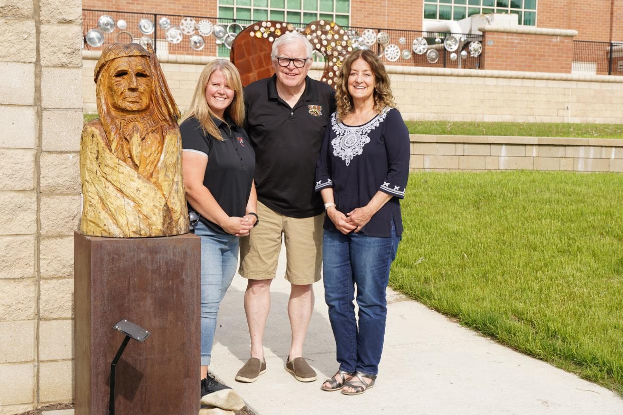 Tecumseh High School art teachers, from left, Jackie Whitely, Ron Frenzen (retired) and Christine Obeid worked pulled together the Tecumseh High School Sculpture Garden project. The effort took more than 10 years and much fundraising throughout the community.