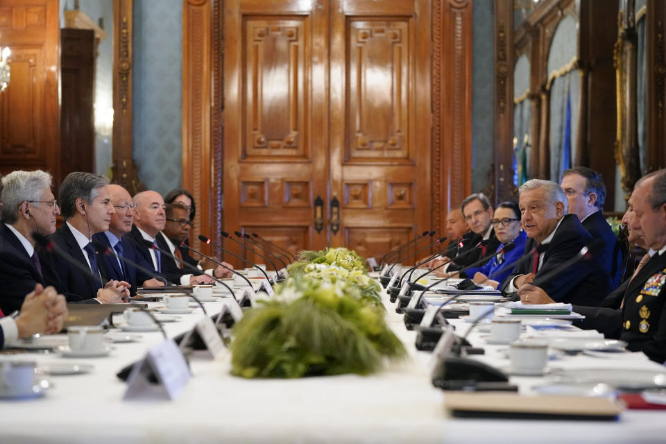 Mexican President Andrés Manuel López Obrador, right, speaks during a working breakfast with Secretary of State Antony Blinken at the National Palace in Mexico City, Friday, Oct. 8, 2021. (AP Photo/Patrick Semansky, Pool)