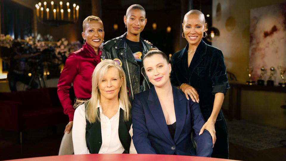 Ireland Baldwin, bottom right, and mom Kim Basinger, bottom left, appear on "Red Table Talk" April 27, 2022, alongside Adrienne Banfield-Norris (top left), Willow Smith (top center) and Jada Pinkett Smith. Baldwin and Basinger discussed their experiences of navigating mental health issues, with Baldwin revealing she was in an abusive relationship at one point.