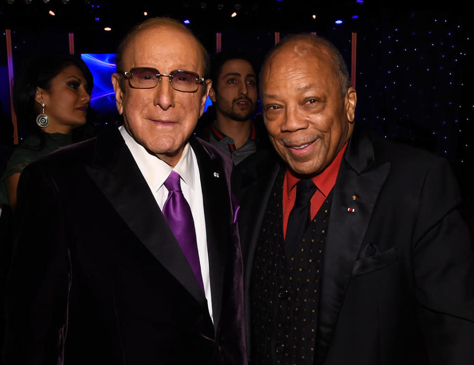 BEVERLY HILLS, CA - FEBRUARY 14:  Host Clive Davis (L) and record producer Quincy Jones attend the 2016 Pre-GRAMMY Gala and Salute to Industry Icons honoring Irving Azoff at The Beverly Hilton Hotel on February 14, 2016 in Beverly Hills, California.  (Photo by Larry Busacca/Getty Images for NARAS)