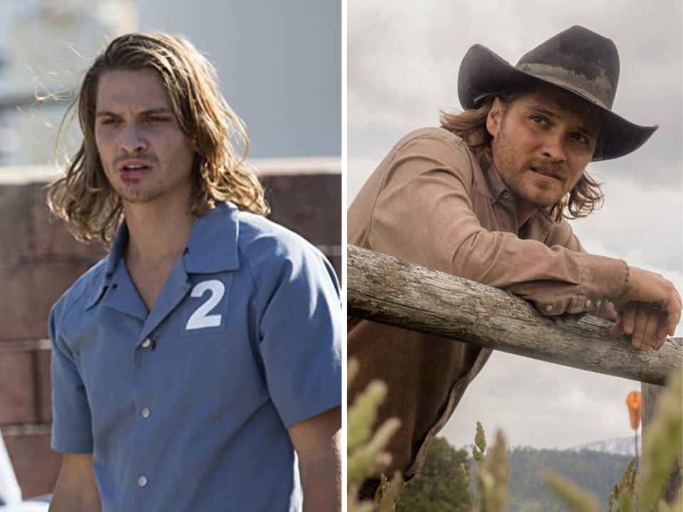 Luke Grimes as James in "True Blood" (left) and as Kayce in "Yellowstone" (right).