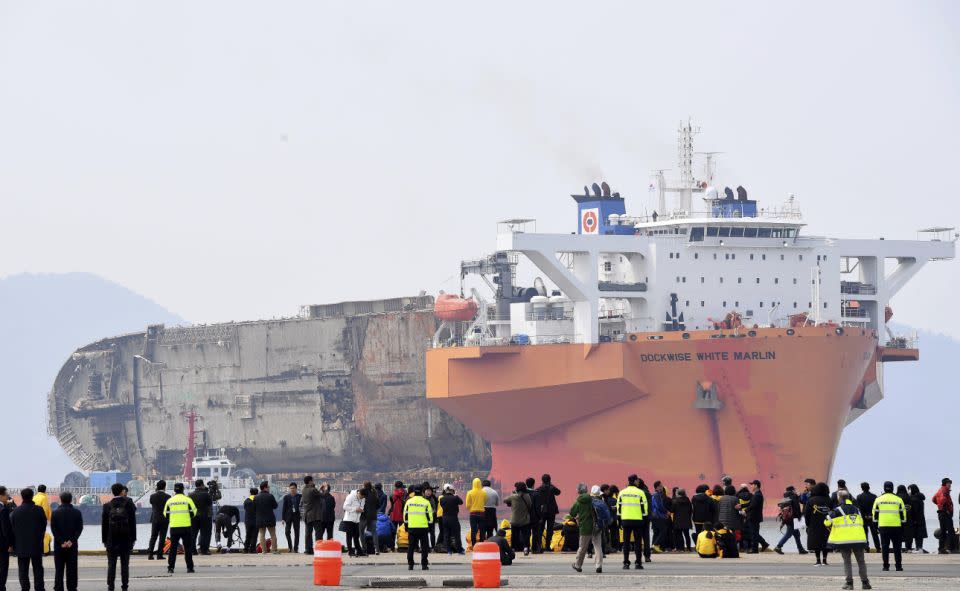 The sunken Sewol ferry arrives at Mokpo port. Photo: AAP