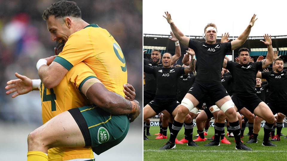 Pictured here, Wallabies players celebrate and the All Blacks conduct the Haka on the right.