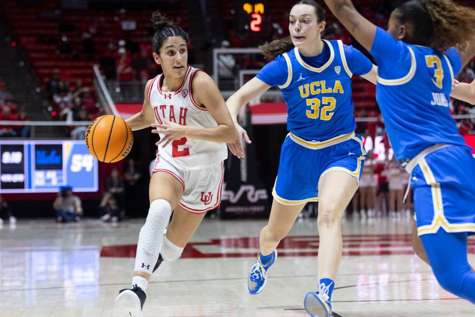 Utah Utes guard, Inês Vieira (2) drives the ball during a game against the UCLA Bruins at the Huntsman Center in Salt Lake City on Jan. 22, 2024. The Utes won during overtime 94-81. | Marielle Scott, Deseret News