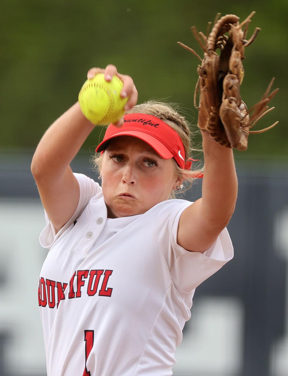 Bountiful’s Eva Stoddard throws a pitch during the 5A softball championship game against Spanish Fork at the Miller Park Complex in Provo on Friday, May 26, 2023. Spanish Fork won 8-4. | Kristin Murphy, Deseret News